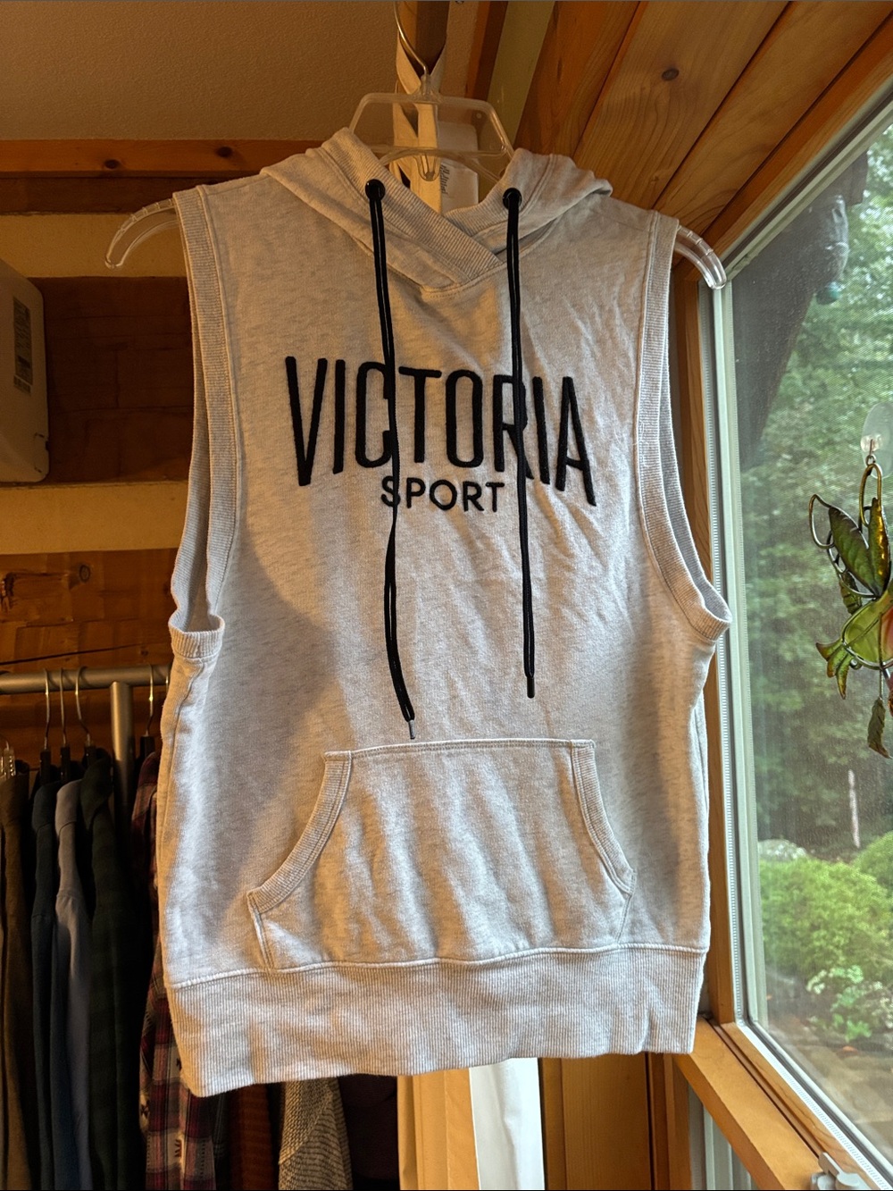 Victoria's Secret Sport Sleeveless Hoodie - Light Gray with Black Drawstrings